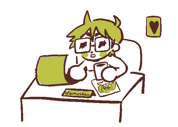 Drawing of Domushen sitting at a desk drinking coffee and looking at a computer.