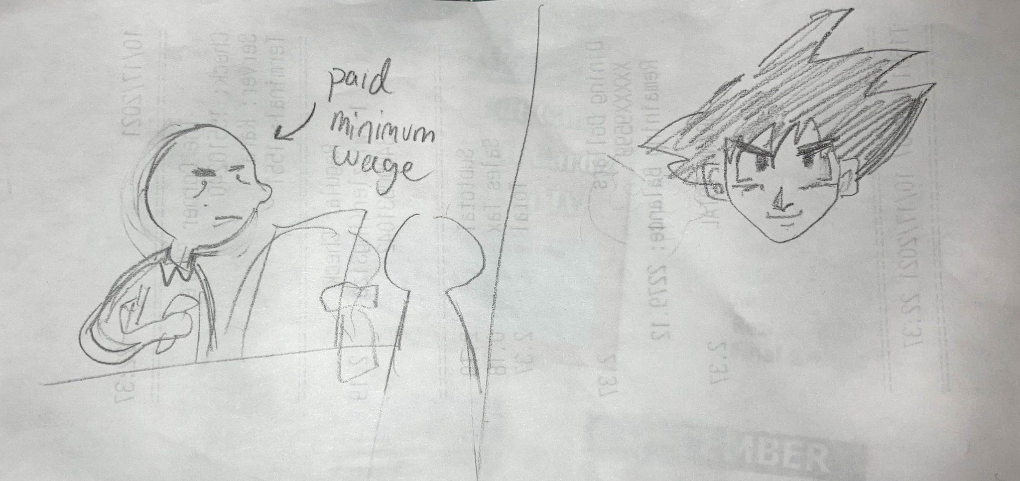 continuation of previous comic. there is an arrow pointing at the employee with text that says. paid minimum wage. the comic is over but i drew an additional panel with gokus head on it.
