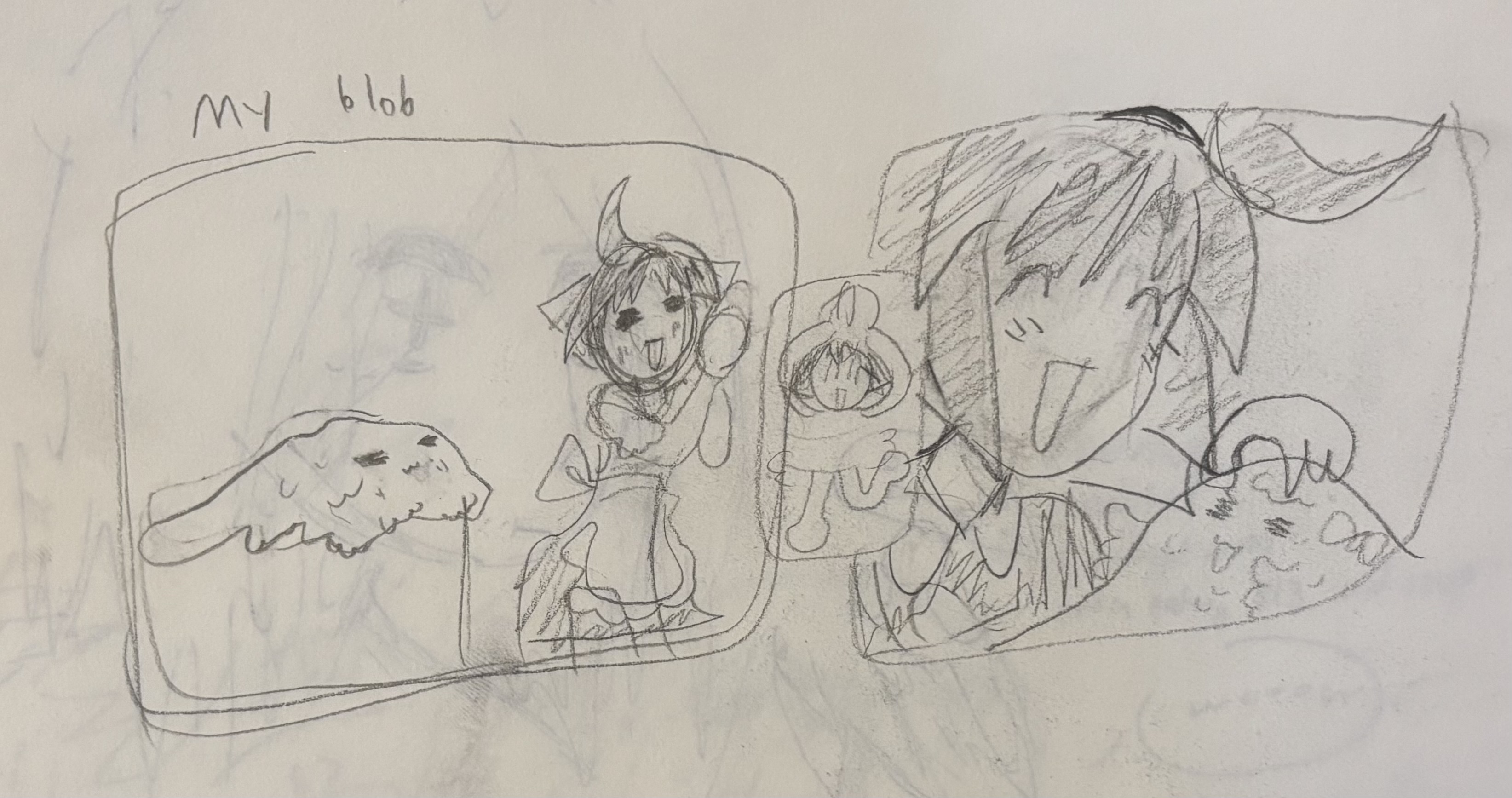 3 panel comic called my blob. a girl adores her blob in the 1st panel. she spins around in the 2nd panel. in the 3rd panel it is a closeup of the blob and the girl and she is petting it.